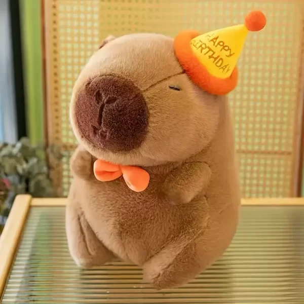 [Cheerful Look] Adorable Capybara Plush Toy with Party Hat & Bow Tie – Soft Stuffed Animal for All Dog Breeds, Perfect Indoor Play Companion, Brown Cartoon Design for Puppies and Dogs - 图片 4