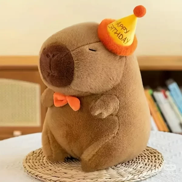 [Cheerful Look] Adorable Capybara Plush Toy with Party Hat & Bow Tie – Soft Stuffed Animal for All Dog Breeds, Perfect Indoor Play Companion, Brown Cartoon Design for Puppies and Dogs